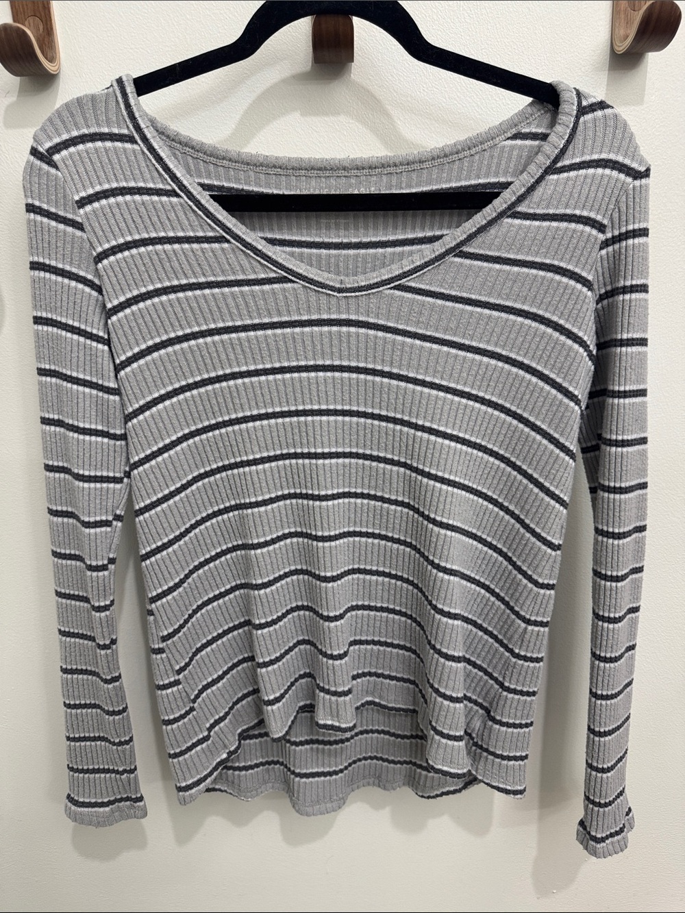 American Eagle Outfitters Gray and Black Striped Ribbed V-Neck Long Sleeve Top